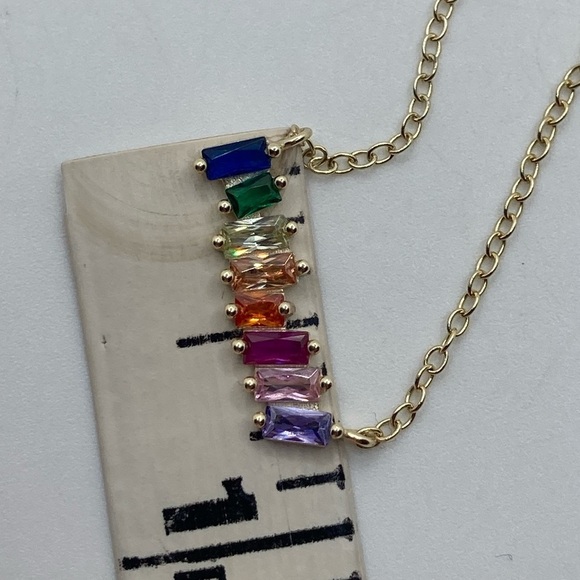 Sterling Silver Gold Plated Rainbow Cz Stone Bar Pendant Necklace Approx 16” - Picture 6 of 8
